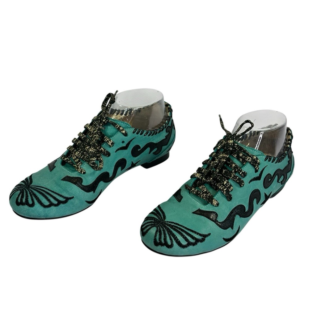 Marko Delli Embroidered Leather Oxford Shoes Turquoise Lace Up Boho EU 37 6.5-7